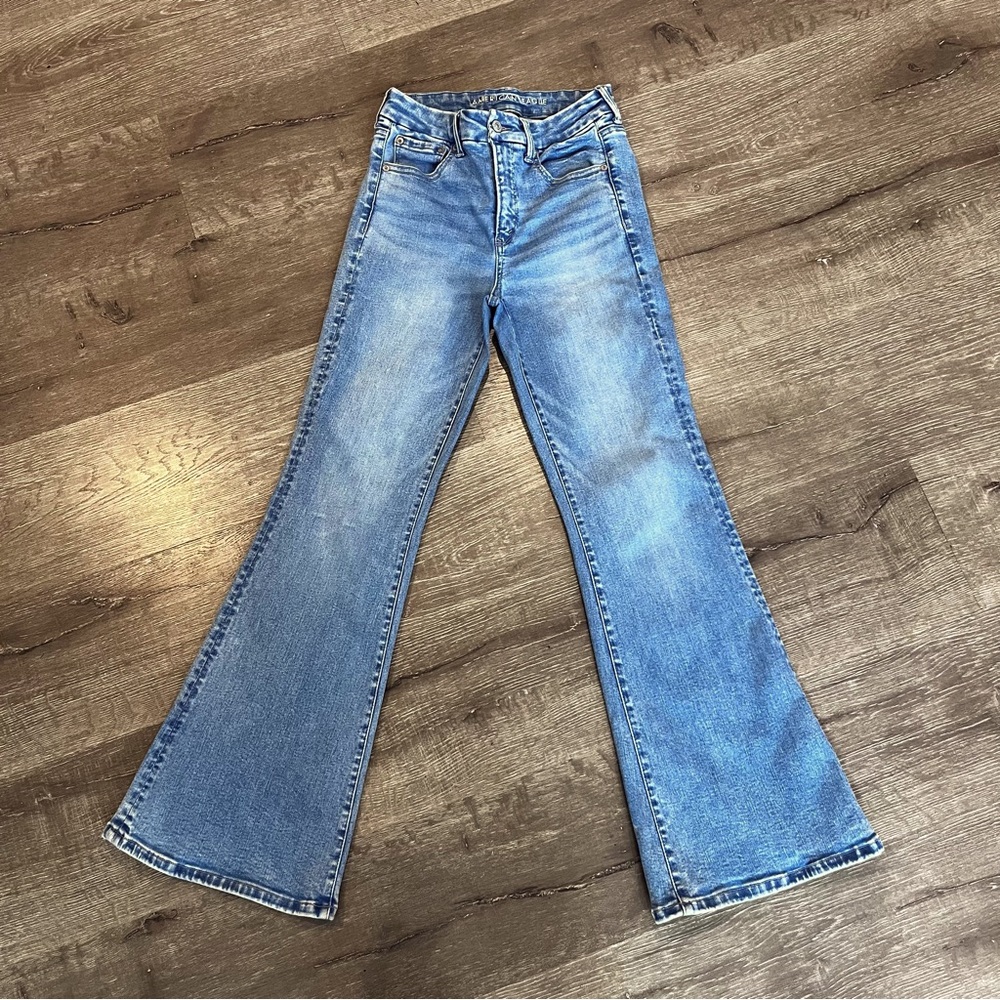 American Eagle Jeans Womens Blue Super Hi-Rise Flare Luxe Stretch Denim 26x30